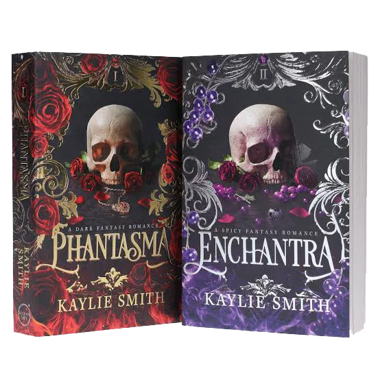 Covers of Phantasma and Enchantra showing ornate skulls with roses