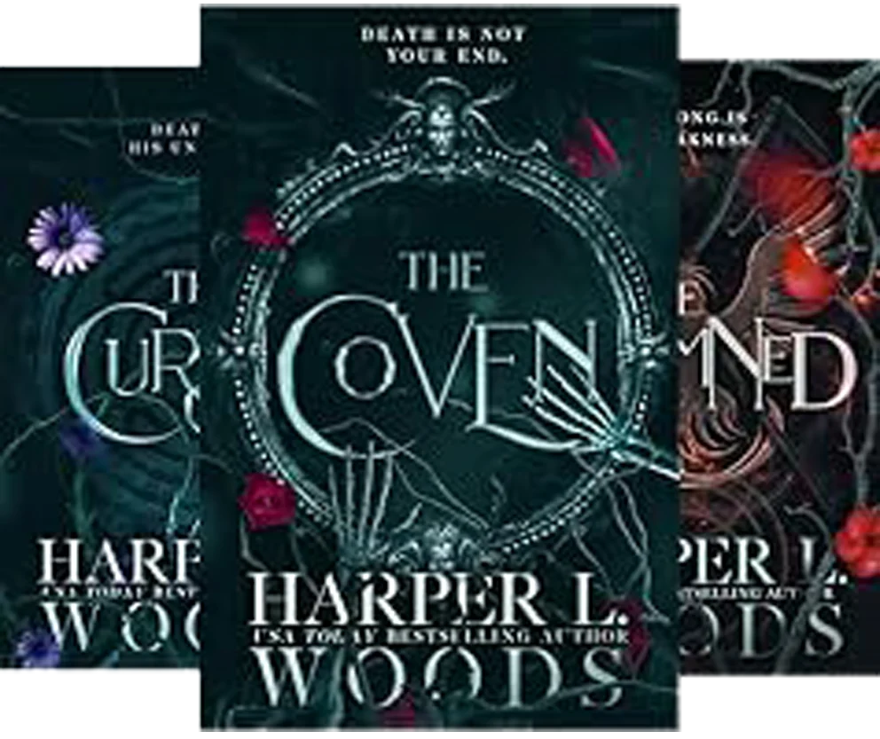 Cover of The Coven with teal ornate frame and flowers, beside series books