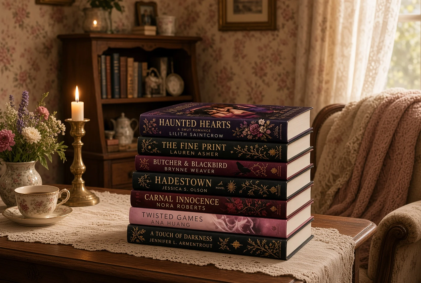 Stack of romantasy books beside a candle in a cozy vintage sitting room