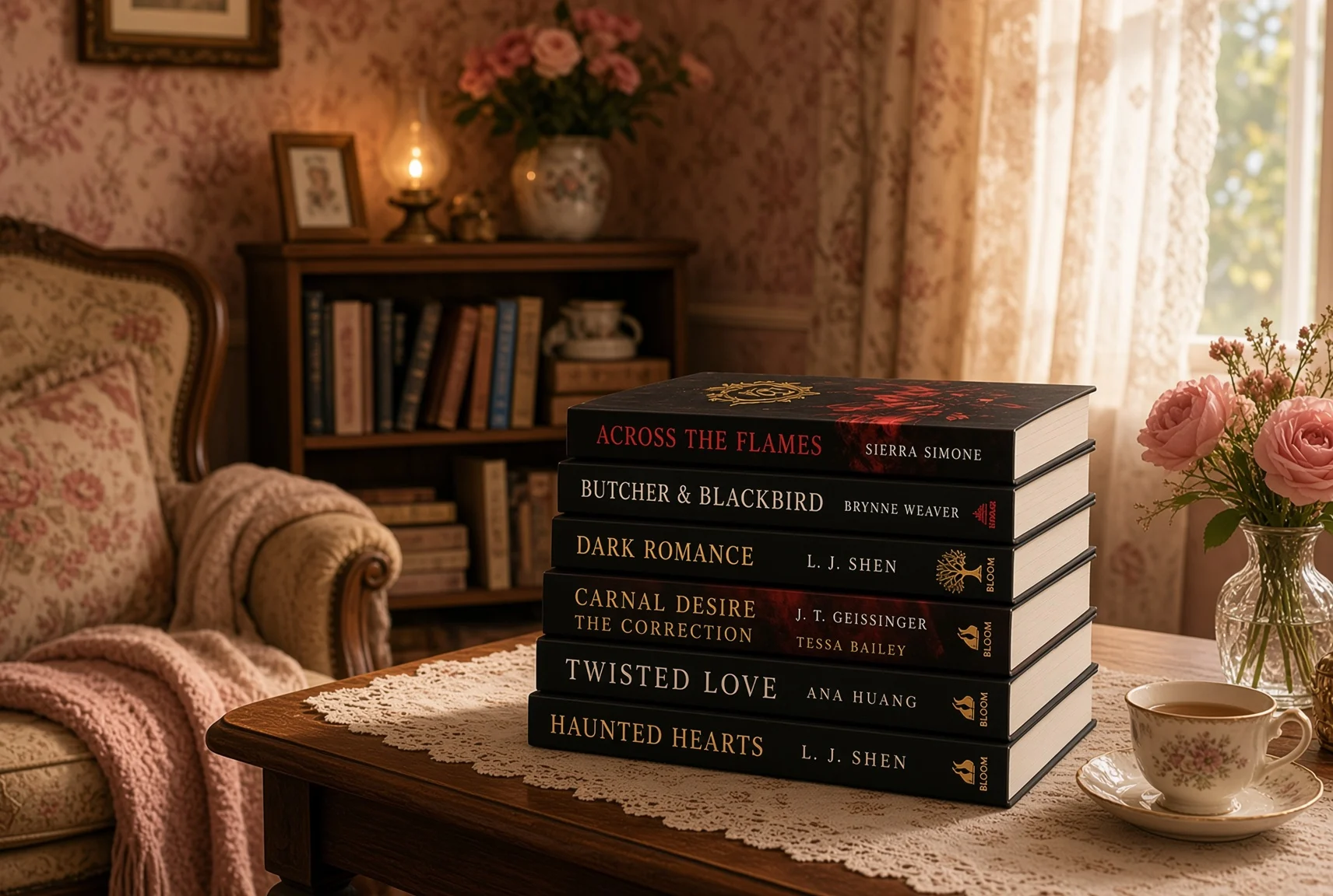Stack of dark romance books on a lace-covered table in a cozy parlor